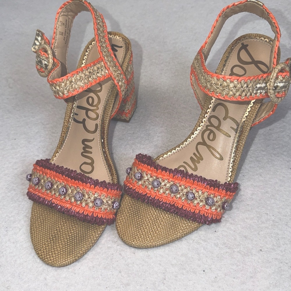 Sam Edelman Womensβ 8M Raffia Block Heel Sandals Orange Beaded Ankle Strap